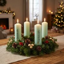 Artikel Paraffin-Stabkerzen Hellgrün „Frohe Weihnachten“ mit Stern Ø 22mm H 25cm 4er-Set