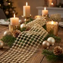 Artikel Tischband Gitter aus Kunststoff mit Glitter Gold Creme 19cm x 1,5m