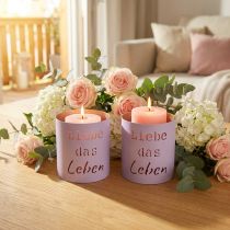 Artikel Windlicht aus Metall violett Ø9cm H10cm „Liebe das Leben“ 4er Set