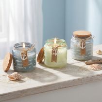Artikel Duftkerzen im Glas aus Paraffin mit Fischmotiv und Korkdeckel, Blau und Grün, H11cm, 3er-Set