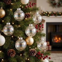 Artikel Weihnachtskugeln aus Glas 5cm, perlmuttklar mit irisierendem Effekt, 24 Stück