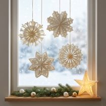 Artikel Set aus 4 Papier-Schneeflocken zum Aufhängen, 15 cm Durchmesser, weiß