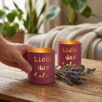 Artikel Windlicht Metall Fuchsia Gold „Liebe das Leben“ Ø9cm H10cm 4 Stück