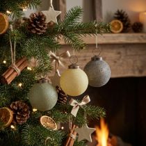 Artikel Weihnachtskugeln Glas beflockt Ø6cm Gelb Grün Grau 3 Stück