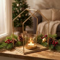 Artikel Windlicht Haus Metall 26×20×35cm Gold Natur mit Teelichtglas