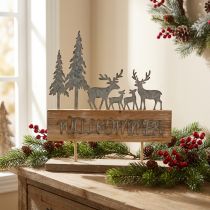 Artikel Willkommensschild Wald-Silhouette mit Rehen aus Metall und Holz, H31cm B28,5cm, Herbst- und Weihnachtsdeko