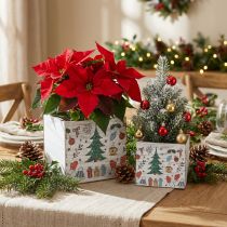 Artikel Pflanzgefäß Holz quadratisch Weihnachtsmotive Weiß/Bunt 20×20cm und 15×15cm 2er-Set
