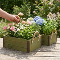 Artikel Blumenkasten Holz Grün im Shabby-Chic Look mit Jutegriffen 24/30 cm 2er-Set