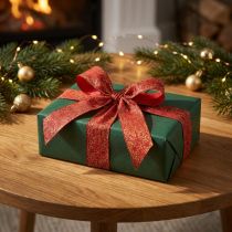 Artikel Geschenkband aus Polyester mit Drahtkanten 40 mm 15 m Dunkelrot mit goldenen Mustern