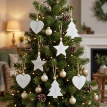 Artikel Holzhänger Set Weiß 5–6 cm – Herz, Stern, Tannenbaum, 6-teilig
