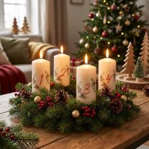 Artikel Adventskerzen Set mit Zahlen und Weihnachtsmotiv aus Wachs Creme Ø 70 mm Höhe 130 mm 4 Stück