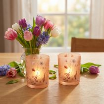 Artikel Deko Windlicht Glas Blumenmotiv Rosa-Weiß 12,5 cm 2er Set