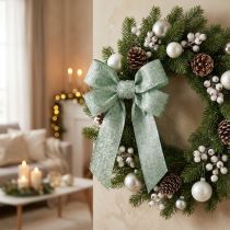 Artikel Geschenkband aus Polyester mit Drahtkante 40mm 15m Salbeigrün/dunkelgrünes Muster