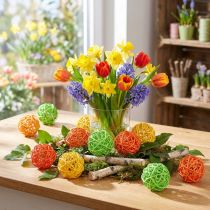 Artikel Rattan Kugeln Ø5cm in Grün, Gelb und Orange, 24 Stück