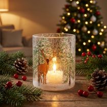 Artikel Teelichthalter Glas mit Crackle-Effekt und Winterwaldmotiv, H13cm, Ø11,5cm