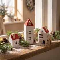Artikel Deko-Holzhaus-Set Rot und Weiß 6-teilig 13 cm Höhe Winterdeko