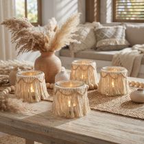Artikel Windlicht aus Glas mit Makramee-Fransen und Holzperlen-Details Ø9,5cm Creme 4er-Set
