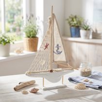 Artikel Segelboot aus Pinienholz Natur Weiß H39cm mit Leinen-Segel