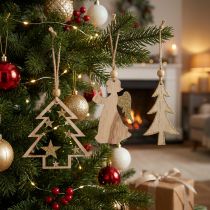 Artikel Weihnachtshänger aus Holz 10-10,5cm mit Glitter, 12 Stück sortiert