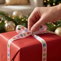 Artikel Polyester Geschenkband mit Päckchenmotiv 15mm x 18m Rosa-Bunt Weihnachten