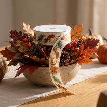 Artikel Dekoband mit Pilzen, Herbstlaub und Tannenzweigen 25mm x 18m beige