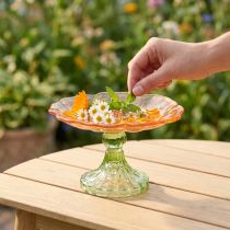 Artikel Dekoteller Glas mit Fuß Blütenform 15cm Orange Grün Innenbereich