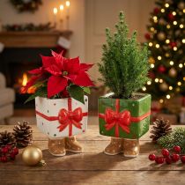 Artikel Keramik-Übertopf in Geschenkbox-Design mit Füßen, 12 cm, Grün oder Weiß