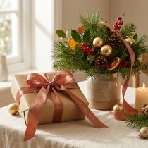 Artikel Polyester Weihnachtsband mit Schriftzug Christmas Time 15mm x 20m Rotbraun Gold