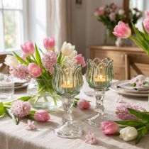 Artikel Teelichthalter aus Glas in Tulpenform, Grün, Ø 7 cm, H 16 cm, 2er Set