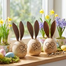 Artikel Hasen-Dekofigur aus Holz mit Metall-Ohren und Brille, 14 cm, 3er-Set