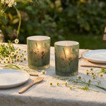 Artikel Deko Windlicht Glas Grün Weiß Wiesenmotiv H12,5cm 2 Stück