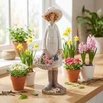 Artikel Dekofigur Frau Gärtnerin mit Blumen Korb Weiß Rosa H21cm Polyresin