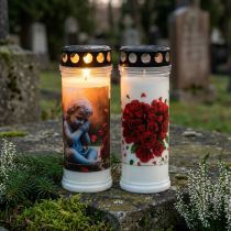 Artikel Grabkerze mit Rosenmotiv und schwarzem Deckel für 7 Tage Brenndauer, 2er Set
