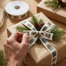 Artikel Weihnachtsband Polyester Stoffband 25mm x 18m Grau Ocker Weiß mit Weihnachtsmotiven