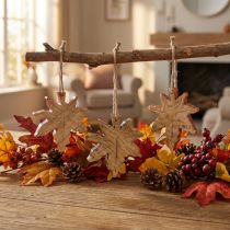 Artikel Ahornblatt Holzanhänger 10cm Herbstdeko grün rot braun, Set 6 Stück