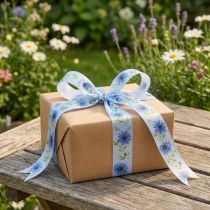 Artikel Polyester Geschenkband Kornblumen-Motiv Blau 25mm x 18m