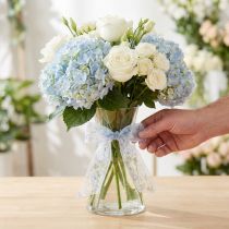 Artikel Organzaband mit Blumenmotiv Blau Weiß 40mm x 15m Dekoband