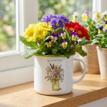 Artikel Deko Pflanztopf Tasse Metall emailliert Ø11,5cm H10cm Weiß mit Blumendesign