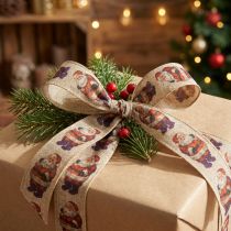 Artikel Weihnachtsband aus Polyester mit Weihnachtsmann-Motiv, 25 mm x 15 m, beige