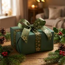 Artikel Dekoband Polyester Weihnachten Sterne Grün Gold 25mm x 15m