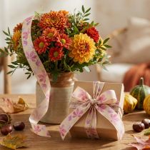 Artikel Geschenkband Polyester 25mm x 20m Beige mit Lila Herbstlaub Motiv für Dekoration und Verpackung