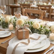 Artikel Geschenkband Polyester Beige Weiß 15mm 20m Hochzeit Mr & Mrs Motiv