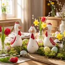 Artikel Keramik-Deko-Hühner 15 cm Weiß-Rot 3er-Set Osterdekoration