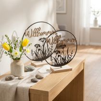 Artikel Dekoring mit Fuß aus Metall und Holz Ø20cm, Motiv Willkommen, Schwarz/Natur, 2 Stück