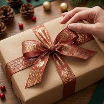 Artikel Geschenkband Textilband Dekoband Rotbraun mit Goldenen Rosen 25mm x 15m