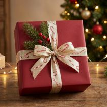 Artikel Geschenkband Textil 25mm Beige mit Zuckerstangen-Motiv 15m