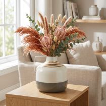 Artikel Metallvase mit Henkel rund Ø16cm H17cm creme/grau/gold für Trockenblumen