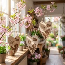 Artikel Dekohänger Herz aus Holz mit Schmetterlings- und Blumenmotiv 13,5×20cm Natur 6er-Set
