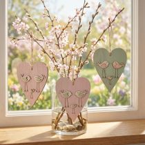 Artikel Holz-Dekoherzen mit Vogelmotiv zum Hängen, H 16 cm, Rosa und Grün, 6 Stück