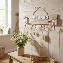 Artikel Wandgarderobe aus Holz mit Metallhaken und Landhausdekor, 45×26 cm, Natur/Weiß/Grau